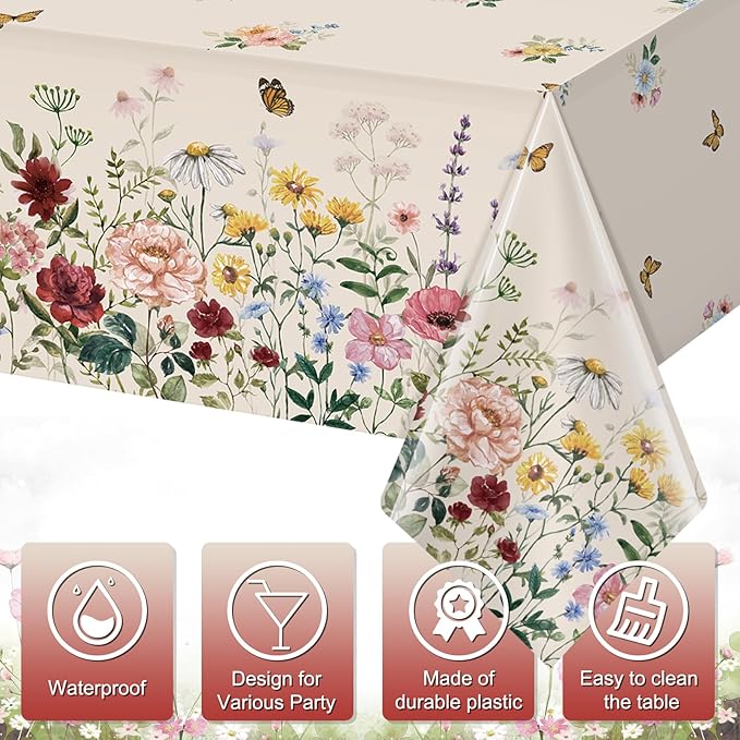 1 Pcs Spring Floral Tablecloth, Butterfly Wildflower Plastic Disposable Tablecloth Rectangle Table Covers for Easter, Birthday, Wedding, Mothers Day Tea Party Supplies and Decorations,54 x 108 Inch