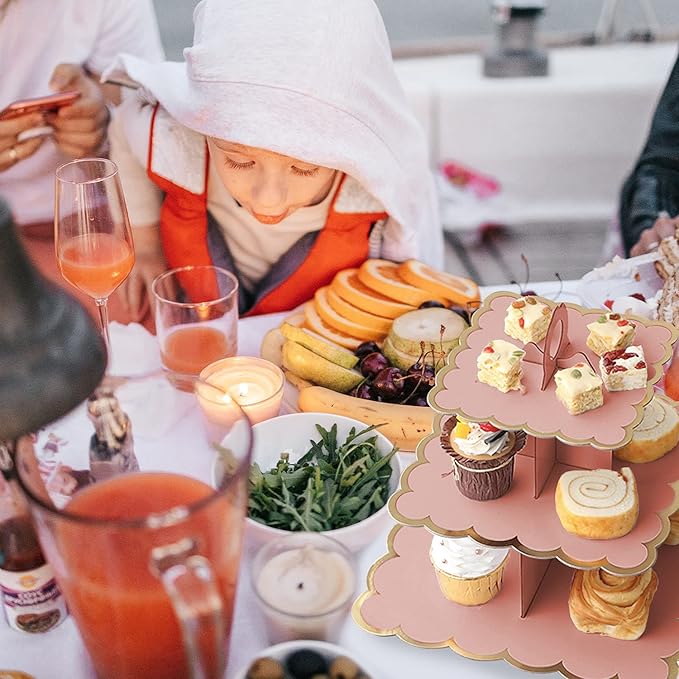 Cupcake Stand,3 Set of Square 3-Tier Dessert Plates Mini Cakes Fruit Candy Display Tower Cookie Tray Rack Candy Buffet Holder Cake Stand Cardboard Cupcake Stand Tiered Serving Stand (Pink)