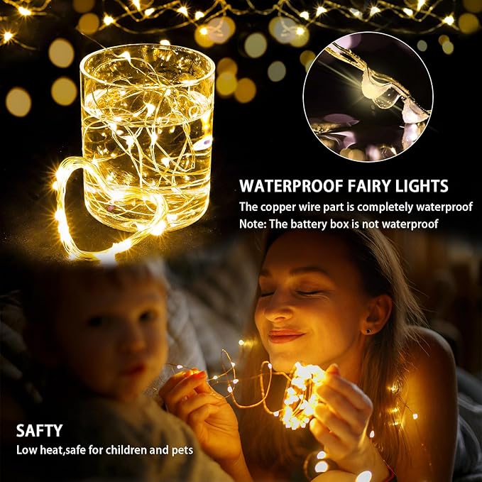 24 Pack Fairy Lights 7Ft 20 LED Twinkle String Lights 3 Modes Battery Operated Waterproof Firefly Starry for Mason Jar Wedding Birthday Party Table Centerpieces Bedroom Christmas,Warm White