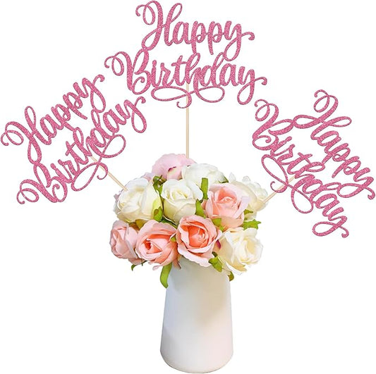 12 PCS Happy Birthday Centerpiece Sticks Double Sided Glitter Birthday Party Table Flower Centerpieces Anniversary Floral Decorations for Celebrating Birthday Party Centerpieces Supplies Pink