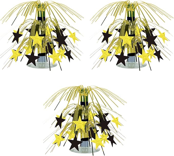 Beistle S54669BKGDAZ3 Star Mini Cascade Centerpieces 7.5" (Black/Gold), Pack of 3