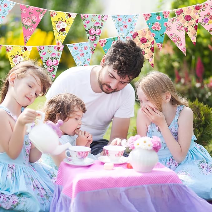 72 Pcs Vintage Floral Paper Bunting Banner Garland Bandana Pennants Outdoor Bunting Banner for Tea Party Decorations Flower Garden Yard Baby Shower Bridal Wedding Party Decorations