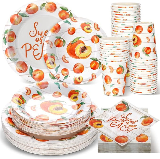Domensi 250 Pcs Sweet As A Peach Baby Shower Party Decorations for Girls Disposable Paper Plates Napkins Cups Tableware Set for 50 Guests Peach Bride Shower Supplies for Weeding Birthday Party