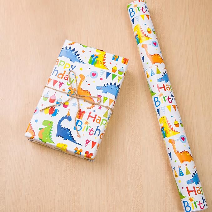 Viadom Birthday Wrapping Paper,Gift Wrapping Paper Roll,Dinosaur Wrapping Paper-17 inch X 50 Feet Per roll,Colorful Happy Birthday Pattern For Boys Girls, Perfect For Birthdays Party, Baby Shower