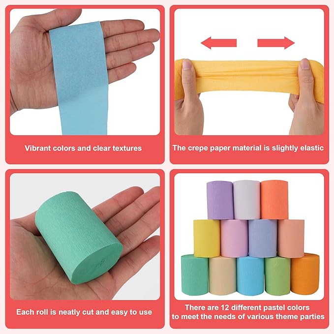 Oubest Pastel Crepe Paper Streamers Party Decorations, 12 PCS Crepe Paper Rolls Colorful Streamers for Pastel Rainbow Birthday, Baby Shower, Wedding Mermaid Candyland Party Backdrop Decor DIY Crafts