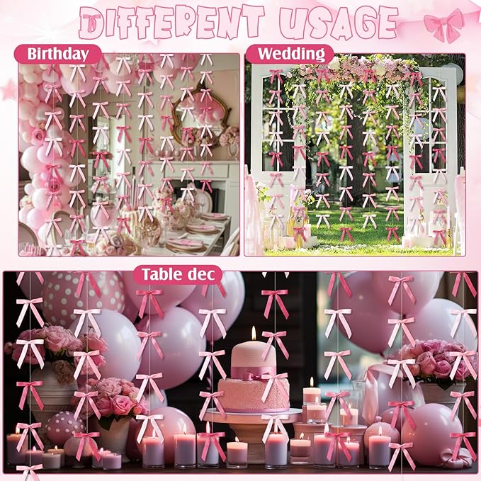 Taobary 8 Pcs 6.6 ft Bow Garland, Satin Ribbon Bow Banner Coquette Hanging Ornament for Photo Backdrop Birthday Party Wedding Bridal Baby Shower Wall Decorations(Elegant Pink,0.63 Inch)
