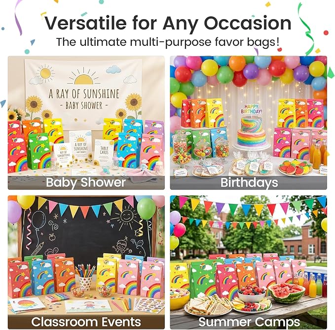 VGOODALL 24 Pack Rainbow Party Favor Bags with Stickers - 8.7"x4.7"x3.1" Colorful Cloud & Star Goodie Bags, 8 Rainbow Colors for Kids Birthday, Baby Shower & School Events