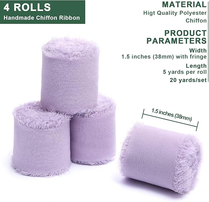 4 Rolls Light Purple Handmade Fringe Chiffon Silk Ribbon 1.5" W x 5Yd Per Roll,Frayed Edges Ribbon Set for Gifts Wrapping,Wedding Invitations,Bouquets,DIY Crafts (1.5" x20Yd, Light Purple)