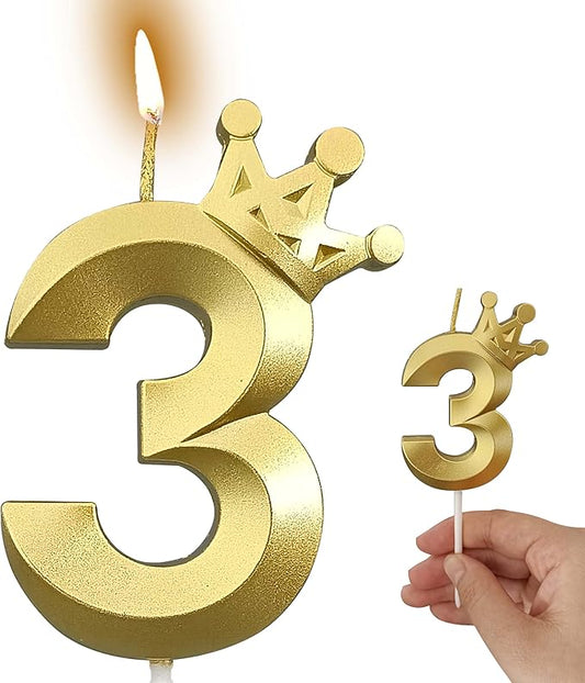 The Number 3 Gold Birthday Candles for Cake is Beautiful Number Candles for 3rd Birthday Decorations for Boys and Girls (Gold-3, Crown)