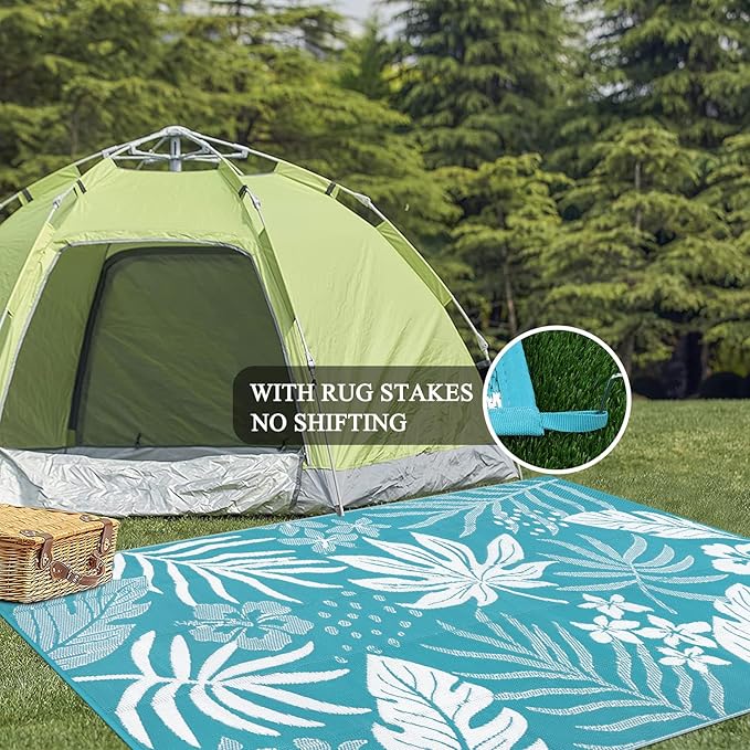 Pauwer Waterproof Outdoor Rug 6x9, Reversible Plastic Straw Patio Camping Rug, Indoor Outdoor RV Mat Carpet for Deck, Camper, Porch, Balcony, Backyard, Picnic, Floral Teal