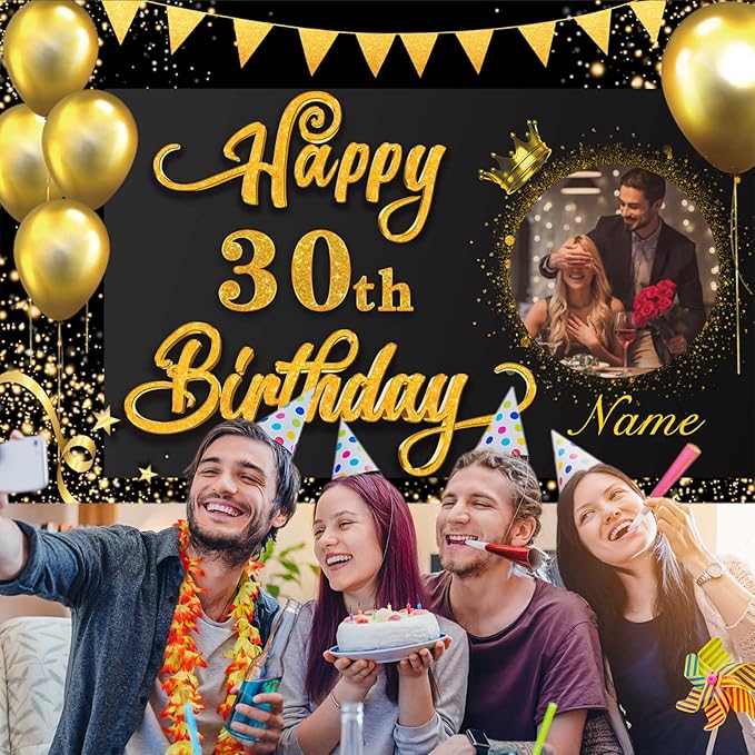Custom Happy 30th Birthday Decorations Banner -30 Years Old Birthday Decorations Backdrop for Women Men Boys Girls - Personalization Happy 30th Birthday Party Decorations Supplies - Black and Gold