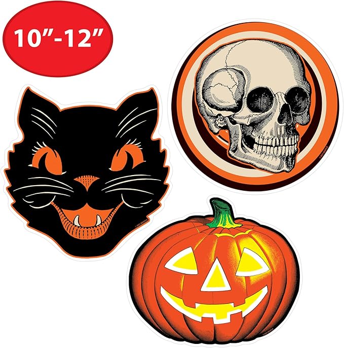 Beistle Plastic Vintage Halloween Cutouts – 6 Pack, Classic Retro-Style Decorations with Black Cat, Skull & Jack-O’-Lantern, Indoor or Outdoor Décor for Spooky Seasonal Displays & Parties, 10”–12”