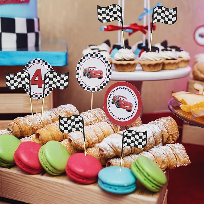 Checkered Racing Flag Party Cupcake Toppers Black and White Cake Decorations for Racing Party Supplies 24 Pieces