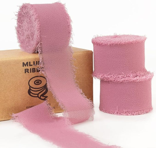 Rosy Mauve Chiffon Ribbon - 1 Inch x 21 Yards, Handmade Fringe, Silk, Boho Frayed, Gift Wrapping, Wedding Invitation, Bridal Flower Bouquets