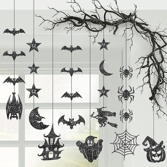 KatchOn, Glitter Black Halloween Garland - Huge, Pack of 10 | Halloween Party Decor Garland with Ghost, Witch, Skull, Raven, Pumpkin & Tree Cutouts | Spooky Party Hanging Decoration