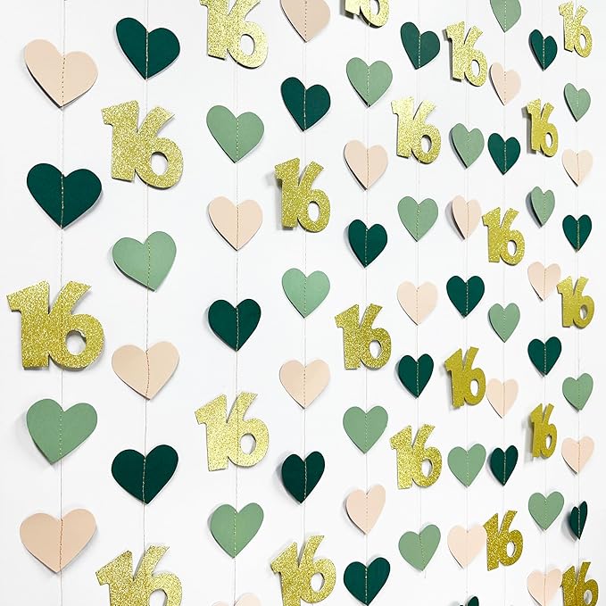 Sage Green Gold 16th Birthday Decorations Sage Green Gold Heart Garland Streamer Banner Backdrop for Girls Happy 16th Birthday Sweet 16 Decorations Cheers to 16 Years Old Anniversary Party Supplies
