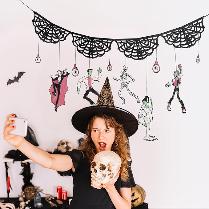 Cheerland Halloweens Garland Skeleton Garland Decoration Spooky Banner Spider Web Halloween Party Decorations Hanging Monster Bash Haunted Summerween Gothic Horror Birthday Skull Party Supplies