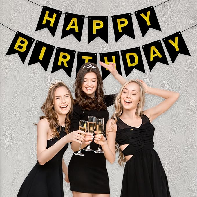 Black Gold Happy Birthday Banner Signs Party Decoration for Women Men Girls Boys