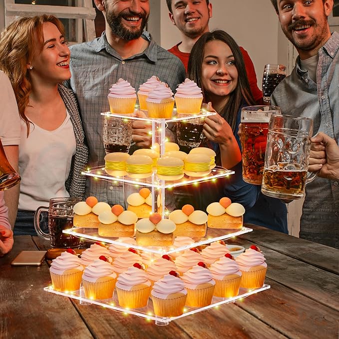 4 Tier Acrylic Cupcake Display Stand, Cupcake Tower Stand with Light, Cupcake Tier Stand for 50 Cupcakes, Clear Cupcake Stands for Weddings, Birthdays, Party, Graduation