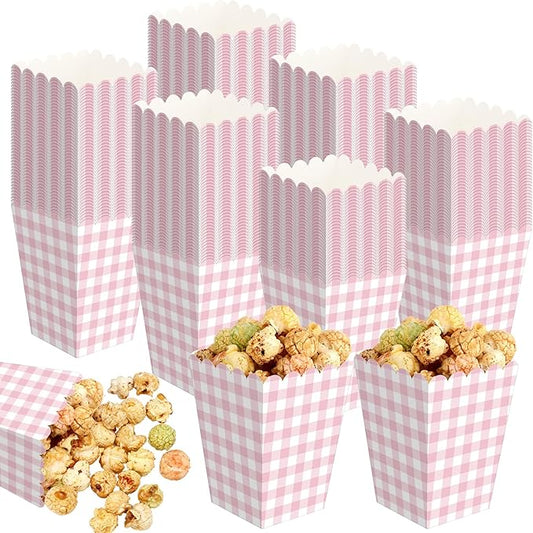 Gueevin 100 Pcs Pink Gingham Popcorn Boxes with Scalloped Gingham Pink Party Favor Mini Paper Popcorn Containers Bulk for Movie Night Decorations Bridal Baby Shower Party Supplies