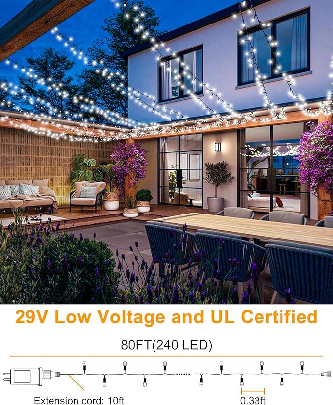 White Christmas String Lights, 80FT 240 LED Christmas Lights Outdoor Indoor Waterproof, 8 Modes Connectable Fairy Twinkle Lights for Outside House Yard Garden Patio Wedding Party Decorations