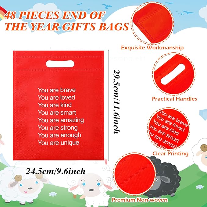 48 Pcs End of the Year Gifts Bags for Students Rainbow Reusable Goodie Treat Bags with Handles Bulk 11.5 x 9.5 Inches Inspiration Party Favor for Birthday Holiday Party Supplies