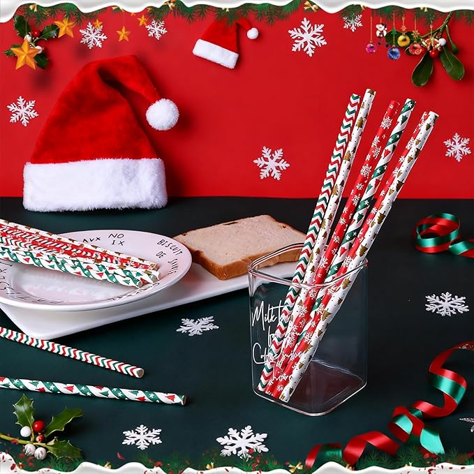 Haundry 200 Christmas Paper Straws, 8 Styles Red Green White Gold Biodegradable Party Drinking Straws with Stripe, Wave, Christmas Tree Snowflake Design Decorations Supplies (color-200)