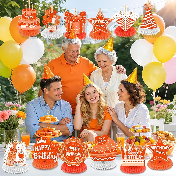 12Pcs Orange Birthday Decorations Honeycomb Centerpieces for Men Women Kids, Orange Happy Birthday Table Centerpieces for Adult Boys Girls Birthday Party Table Topper Sign Decor Supplies