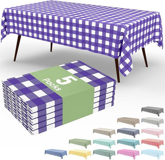 Smiry 5 Pack Purple Gingham Disposable Tablecloths - 54" x 108" Heavy Duty Plastic Table Cloth, Waterproof Buffalo Plaid Table Covers for Picnic, Banquets, Parties