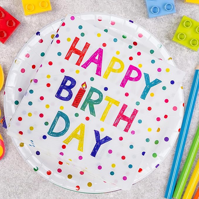 40 Pcs Birthday Plates and Napkins Party Supplies,9-inch Disposable Happy Birthday Dots Dinner Paper Tableware Set for Baby Shower,Party Decoration Serves 20