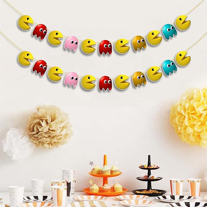 Pacmn Ghost Garland Decoration – Retro Arcade Video Game Themed Birthday Party Supplies – Colorful Ghost Hanging Banner for Adults – Classic 80s Gaming Party Décor for Boys and Girls