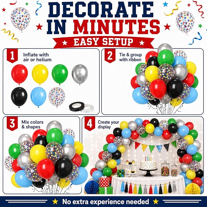 Multicolor Balloons, 60Pcs Red Yellow Blue Balloon, 12 Inch Latex Colorful Metallic Silver Green Black Red Blue Yellow Confetti Balloons Helium for Baby Shower Kids Birthday Wedding Party Decorations