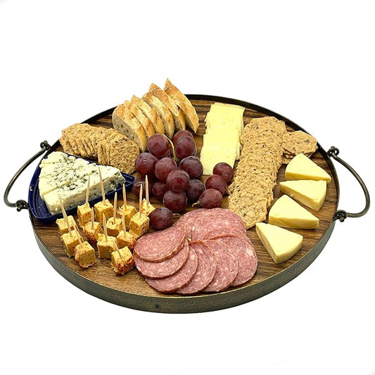 Acacia Wood Cheese Tray and Serving Board with Handles – Large Round Charcuterie Circle Board, Hardwood Platter for Entertaining and Serving, 14" Diameter