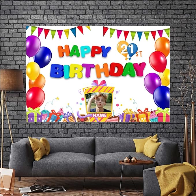 Custom Colorful Happy 21st Birthday Decoration Banner - Personalized with Photos and Names