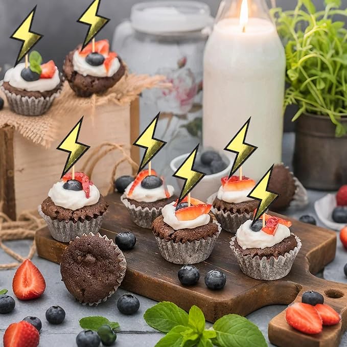 Ercadio 24 Pack Lightning Cupcake Toppers Glitter Black Yellow Cupcake Picks Smiley Assorted Cake Racing Car Theme Party For Girls Baby Shower Birthday Party Cake Decoration Supplies