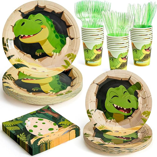 144Pcs Dinosaur Egg Birthday Party Supplies Decorations Dino Themed Paper Plates Napkins Vintage Dinosaur Party Tableware Disposable Dinnerware for Boy Kid Birthday Baby Shower Table Decor, Serve 24