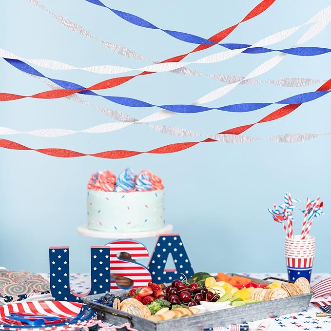 Crepe Paper Streamers 8 Rolls 656ft, Red White Blue Silver Streamer Tassels Patriotic Decorations for Memorial Day Fourth of July Independence Day American Theme Party
