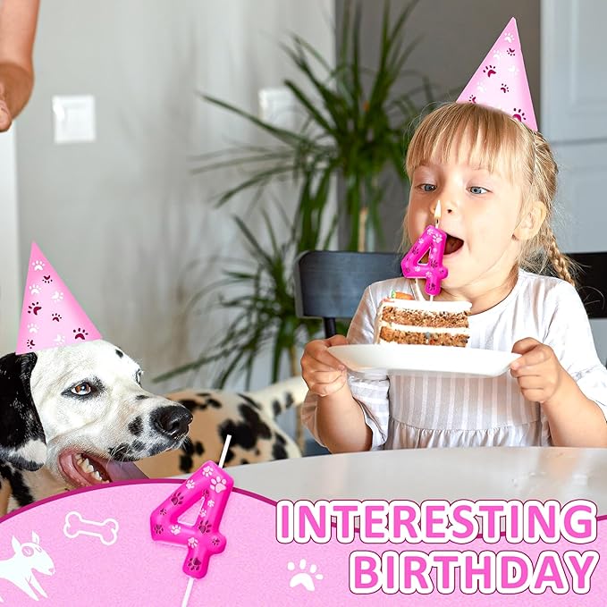 Conelist Number 4 Dog Paw Birthday Candles Toppers Candles Rose Red, Pink, Purple Numeral Birthday Cake Topper for 4 Year Old Boy Girl Paw Birth Day Decoration Pet Party Supplies