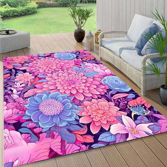Vibrant Floral Outdoor Rug Modern Flower Texture Rugs for Patio Deck Porch Balcony Waterproof Non Slip Camping Garden Large Outside Carpet Easy Clean Machine Washable Pool Mat Pink Purple 7x12