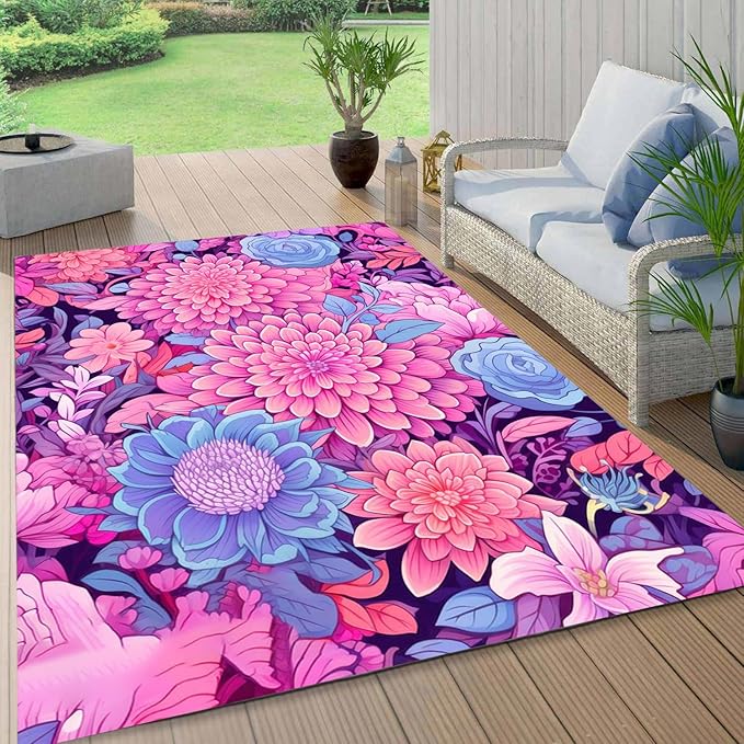 Vibrant Floral Outdoor Rug Modern Flower Texture Rugs for Patio Deck Porch Balcony Waterproof Non Slip Camping Garden Large Outside Carpet Easy Clean Machine Washable Pool Mat Pink Purple 4x6