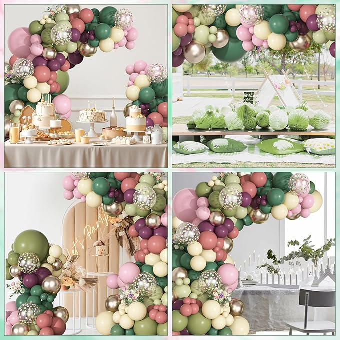Ouddy Party Dusty Pink Green Yellow Balloons Garland Arch Kit, Different Sizes 18 12 10 5 Inch Sage Olive Green Mauve Plum Pastel Pink Latex Confetti Balloon for Baby Shower Birthday Party Decoration