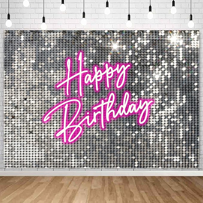 Withu Silver Sequins Pink Neon Happy Birthday Backdrop for Photography Shining Flash Stars Shimmer Wall Decoration Banner Princess Girls Women Bday Party Background 7x5ft