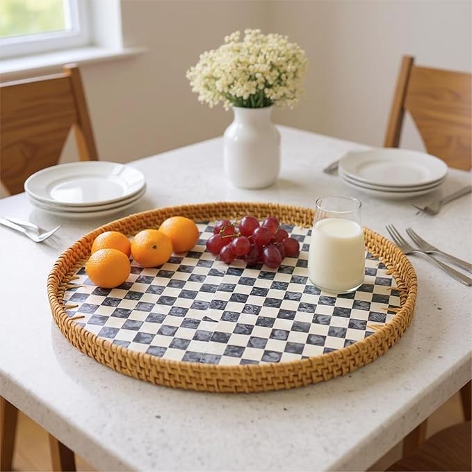 13.8” Round Rattan Tray with Mother of Pearl Inlay, Handwoven Wicker Coffee Table Serving Basket Tray for Fruit Snack Party Picnic Cafe Bedroom Kitchen Home Decor 1 Pcs (Chessboard)
