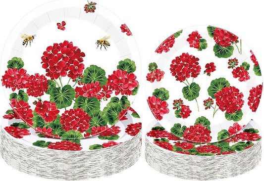 Funnymoom 60 Pcs Spring Geranium Paper Plates 9 in and 7 in Red Floral Disposable Party Plates Summer Bee Flower Paper Dinner Dessert Tableware for Wedding Baby Shower Party Table Decor Supplies