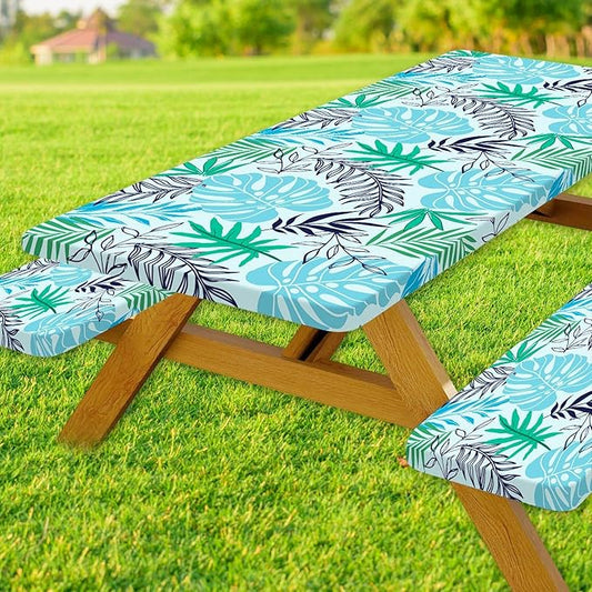 Palm Leaf Picnic Table Cover with Bench Covers, Waterproof Summer Tropical Hawaiian Green Leaves Tablecloth for Camping Indoor Outdoor Party Decorations, 30X60in