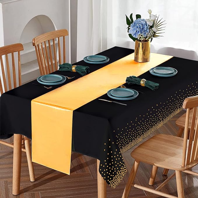 24Pack Disposable Plastic Tablecloths and Satin Table Runner Set Black Gold Dot Table Cloth Gold Satin Table Runner for Graduation Wedding Birthday Baby Shower Anniversary Holiday Party Decorations