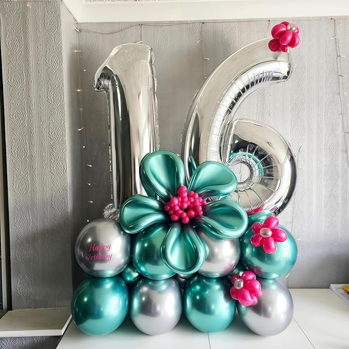 Silver 16th Birthday Balloons for Boys, 40 Inch Mylar Self Inflating 16 Balloon Number, Big Foil 1 and 6 Helium 16 Balloons for Women Men Girls Birthday Party Decorations Anniversary Decor Supplies