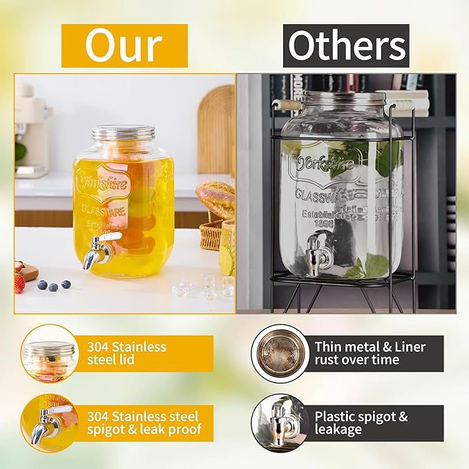 1 Gallon Glass Beverage Dispenser, Drink Dispenser With Fruit Infuser, Stainless Steel Spigot - Drink Dispensers for Parties, BBQ,Picnic,Weddings
