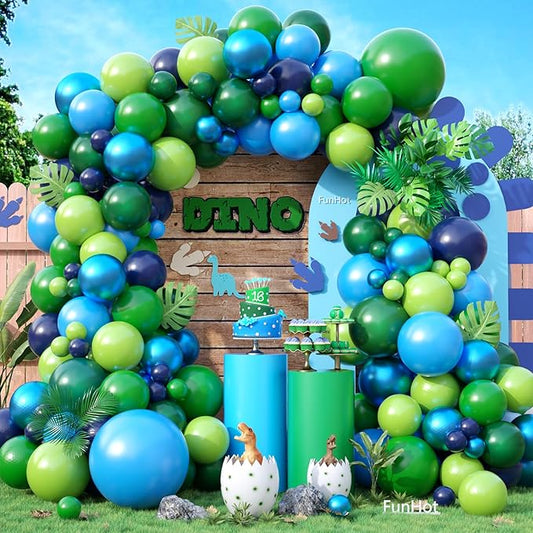 FunHot Blue Green Balloon Arch Kit, Dinosaur Balloon Garland Kit with Fruit Green Dark Navy Blue Latex Balloons for Boys Baby Shower Jungle Safari Kids Dinosaur Themed Birthday Party Decorations
