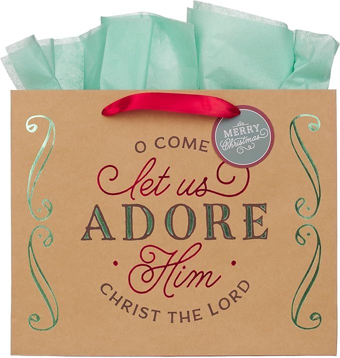 Christian Art Gifts Large Landscape Inspirational Christmas Gift Bag, Tag & Wrapping Tissue Paper Set for Men & Women: Let Us Adore Him, Cute Sturdy Satin Ribbon Handles, Kraft Paper Brown Multicolor